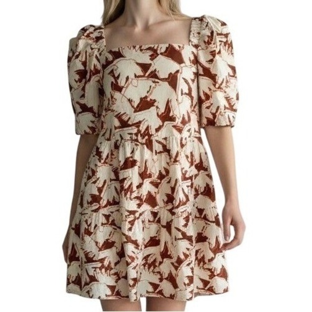 CROSBY by Mollie Burch Abstract Print Tiered Babydoll Dress XL Rust Cotton